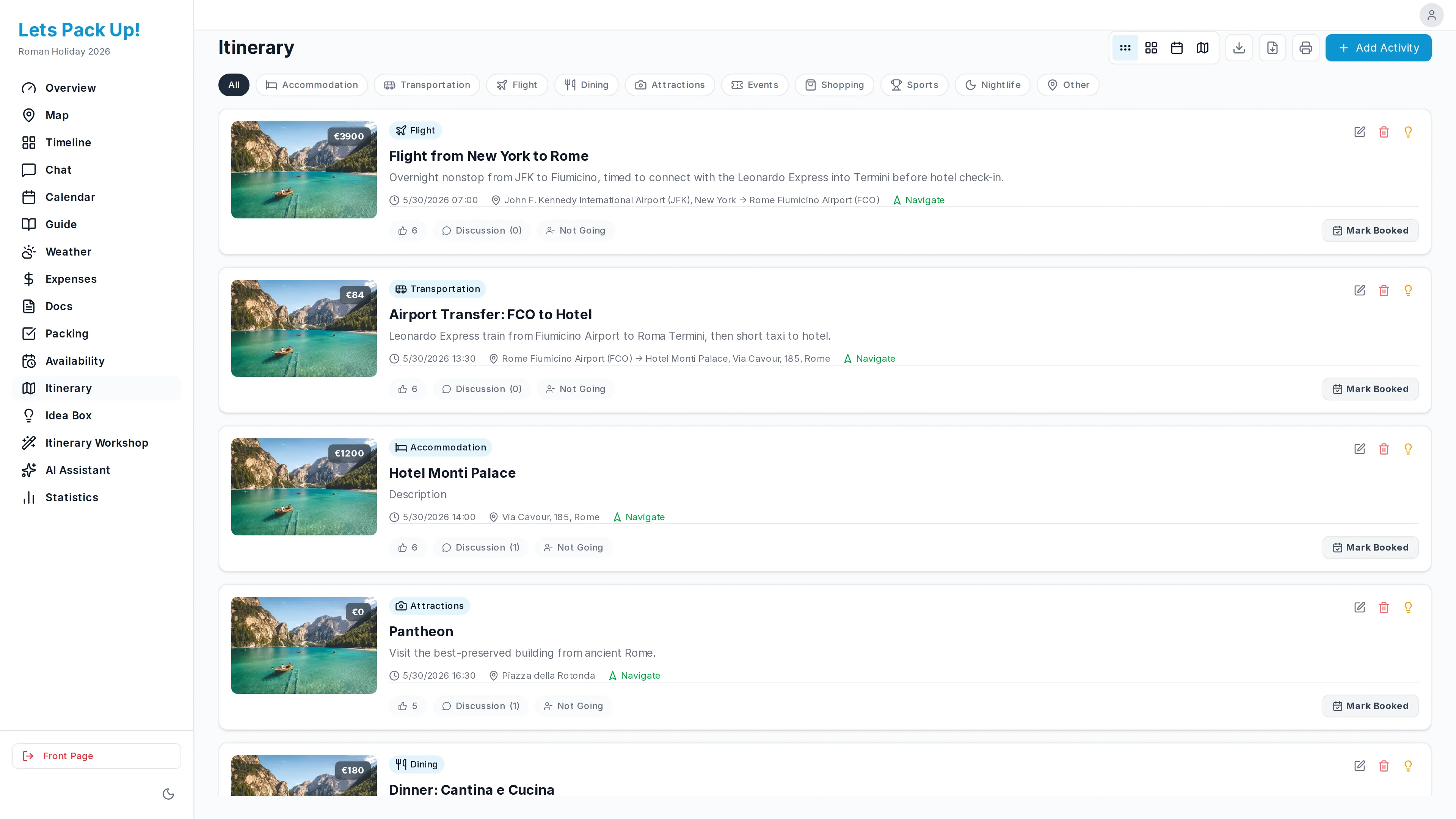 AI-generated day-by-day itinerary for a trip in LetsPackUp